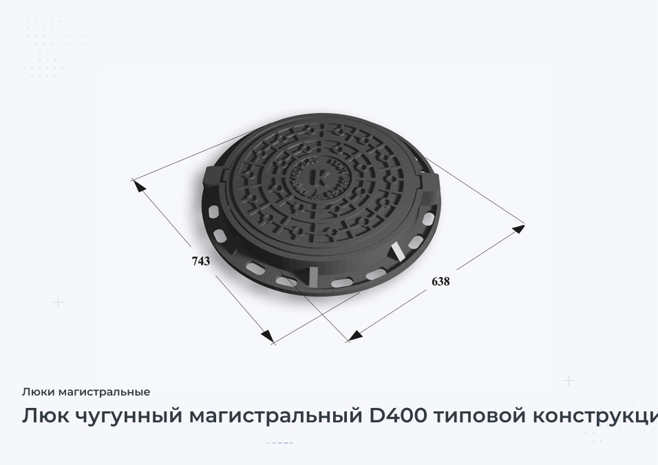 Люк чугунный магистральный D400 типовой конструкции (К, В, Д, ТС) (тип ТМ D400 1-60)