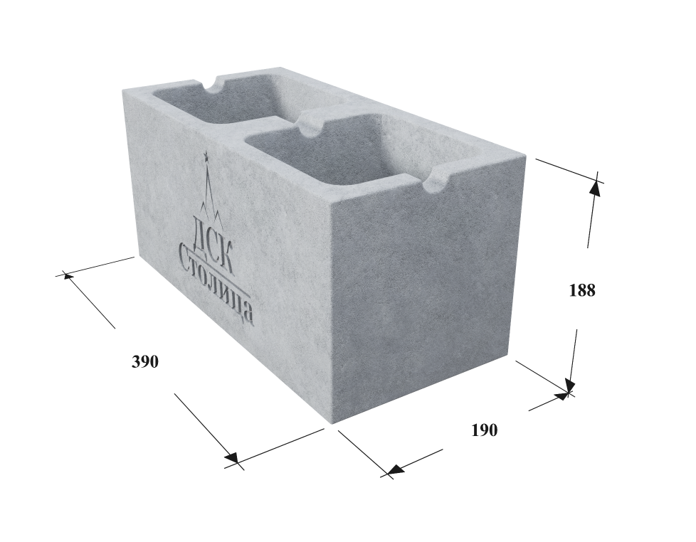 Пескоцементный блок 390х190х188 2-х пустотный стеновой