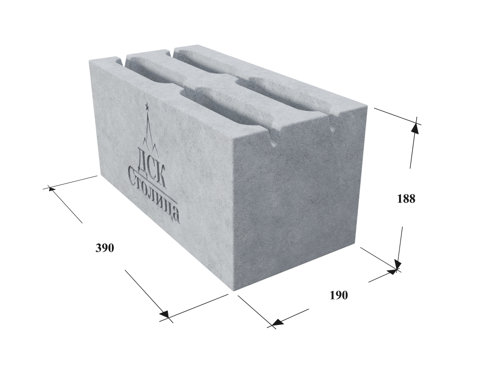 Пескоцементный блок 390х190х188 4-х пустотный стеновой